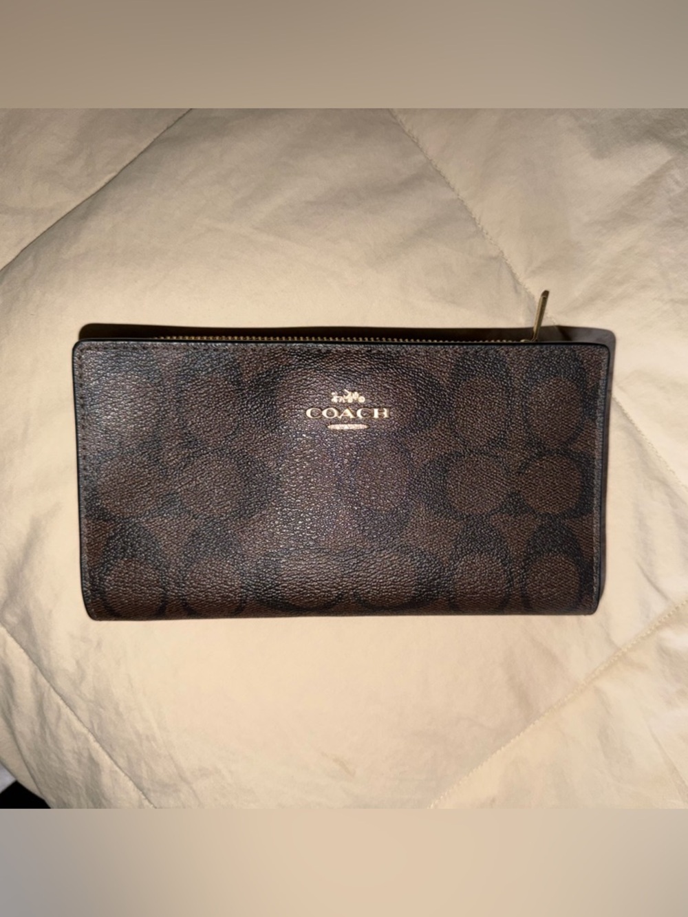 Coach Brown Signature Zip Wallet with Gold Logo